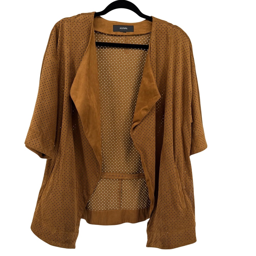 Alfani Faux Suede Open Front Cardigan Jacket Cognac Brown Short Sleeve Boho Chic